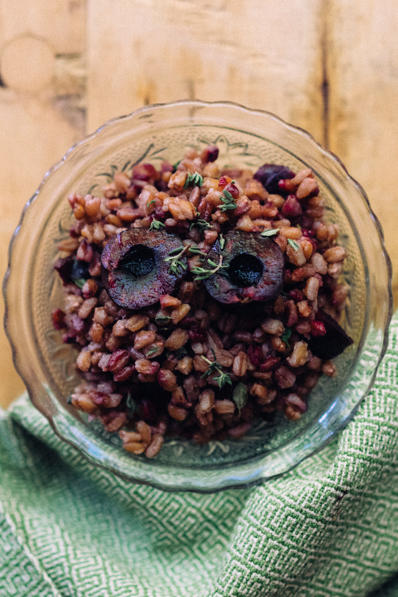 bowl of farro pilaf with balsamic cherries